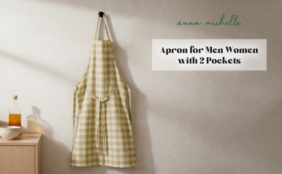 Checked 100% Cotton Apron – Adjustable Neck, Long Waist Ties & 2 Front Pockets | Lively Green