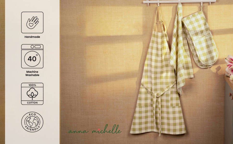 Checked 100% Cotton Apron – Adjustable Neck, Long Waist Ties & 2 Front Pockets | Lively Green