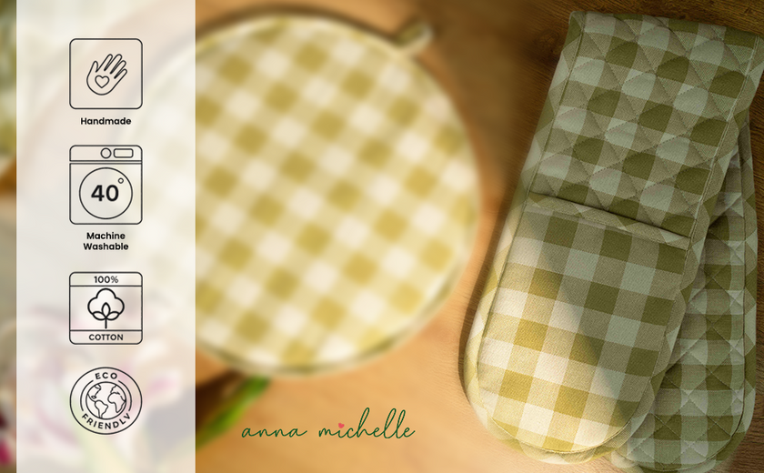 Checked 100% Cotton Double Oven Glove – Heat Resistant with Hanging Loop | Lively Green