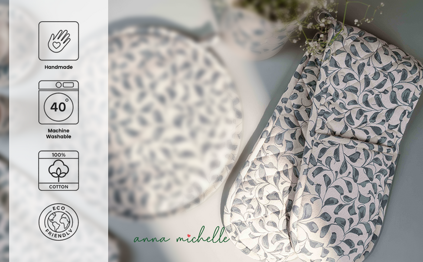 Scroll 100% Cotton Double Oven Glove – Heat Resistant with Hanging Loop | Lovable Blue