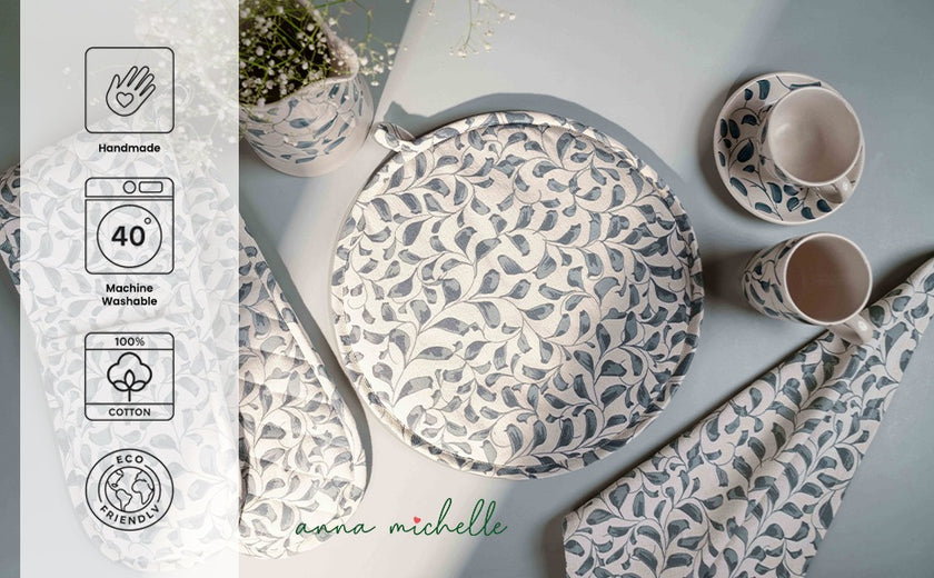 Scroll 100% Cotton Hob Cover with Terry Towelling Base | Lovable Blue