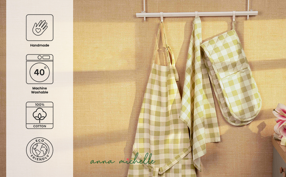 Checked 100% Cotton Set of 2 Reusable Cloth Tea Towels with Hanging Loop | Lively Green