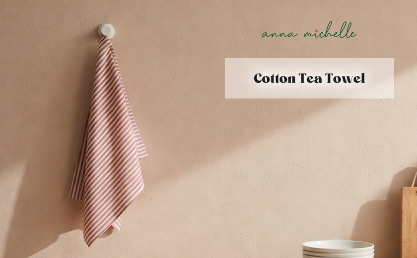 Striped 100% Cotton Set of 2 Reusable Cloth Tea Towels with Hanging Loop | Beautiful Rose