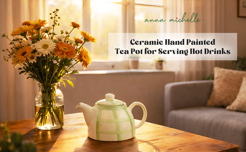 Checked 1,200ml Handmade & Hand-Painted Stoneware Teapot | Lively Green