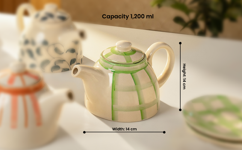 Checked 1,200ml Handmade & Hand-Painted Stoneware Teapot | Lively Green