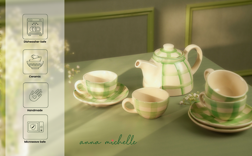 Checked 1,200ml Handmade & Hand-Painted Stoneware Teapot | Lively Green