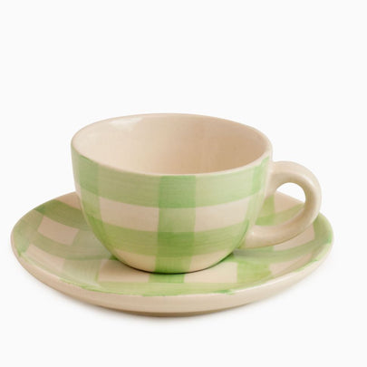 Checked Handmade & Hand-Painted Stoneware (Set of 4) Cups & Saucers | Lively Green