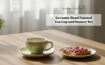 Checked Handmade & Hand-Painted Stoneware (Set of 4) Cups & Saucers | Lively Green