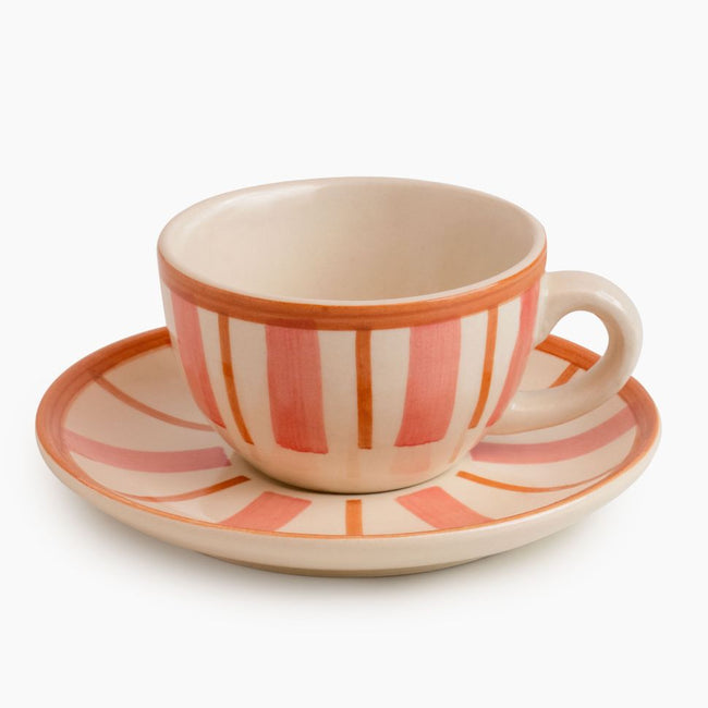 Striped Handmade & Hand-Painted Stoneware (Set of 4) Cups & Saucers | Beautiful Rose