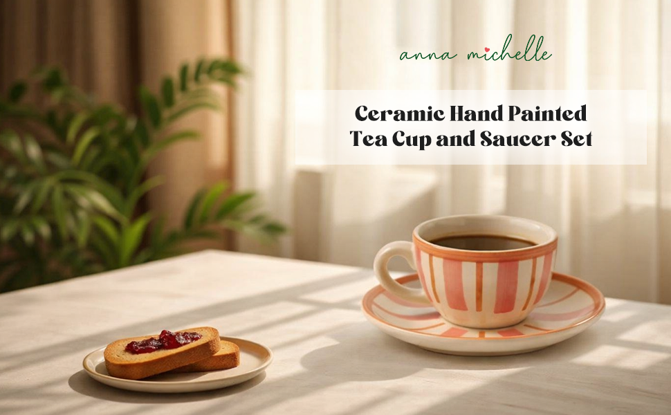 Striped Handmade & Hand-Painted Stoneware (Set of 4) Cups & Saucers | Beautiful Rose