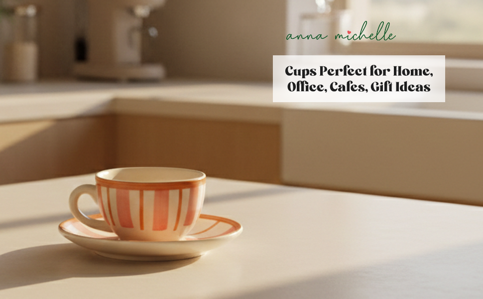 Striped Handmade & Hand-Painted Stoneware (Set of 4) Cups & Saucers | Beautiful Rose